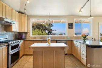 Another kitchen photo with the portable island in view. Wide open with expensive views.