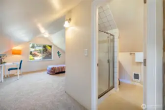 Picture of the primary bath, looking onto the possible 3rd bedroom or office space?