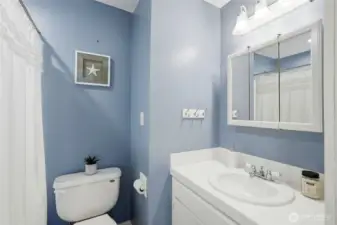 Contemporary full guest bath serves the additional bedrooms.