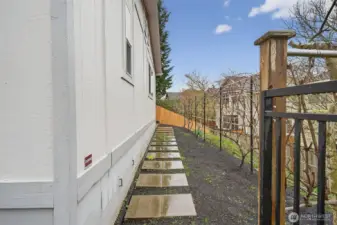 Mature grapevines line the way—hinting at garden days, harvest moments, and a backyard that’s ready to become something special