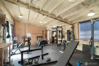 Main gym area with minisplit, insulation and 220V