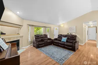 Living room with bay window.