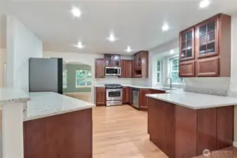 Kitchen view towards your formal dining room, love all the granite! Plenty of counter space, included stainless steel appliances and custom cabinetry - a chef's delight!
