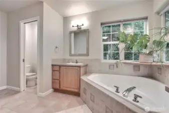 Primary ensuite 5--piece bathroom with his and hers vanities, soaking tub, separate water closet & shower. I also love the large tile flooring in this room.