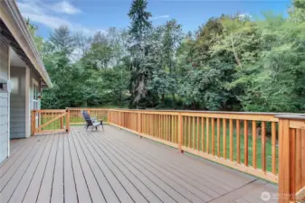 View of your brand new Trex deck off the back of the home, patio doors from eat-in kitchen area and primary suite.