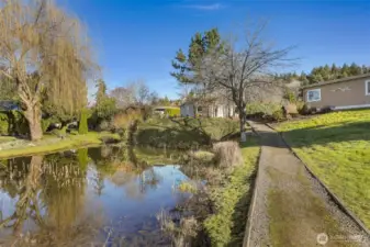 View of the back yard and house from the Community greenbelt and trail overlooking the pond
