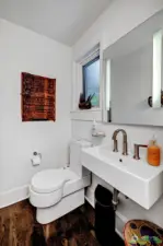 Main floor powder room, conveniently tucked away nowhere near the kitchen or living space
