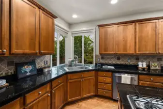 Large kitchen with cared-for cabinetry, granite countertops, stainless appliances, gas range with downdraft, tiled backsplash and dreamy corner kitchen sink area. The island comfortably seats 4-5 in addition to the eat-in dining area adjoining the kitchen. The kitchen is well-lit. Gleaming hardwood flooring.