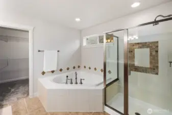 Cared for primary bathroom with tiled shower, soaking tub, separate toilet area and large walk in closet and linen closet.