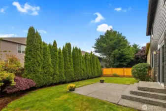 Manicured and mature private backyard.  Lots of opportunity here for outdoor gathering spaces and gardening.