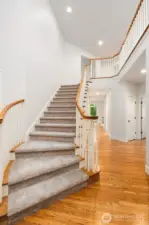 Grand curved wide staircase to the upper level.  Freshly painted and new carpet:)