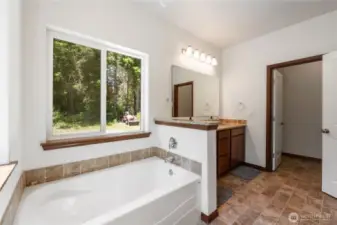 Primary bath also offers a soaking tub and walk-in shower through the door.