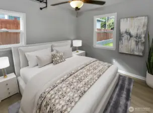 Virtually staged. Bedroom with ceiling fan