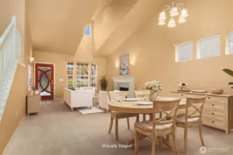 Open Living Room with Gas Fireplace & Dining Area