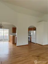 Living room looking into the dining room and kitchen