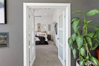 Double doors into the Primary bedroom are etched allowing light to transfer to both sides when closed. A walk in closet off to the right with pull outs and built ins creates wonderful storage just off the Primary bedroom and bath.