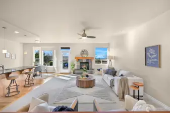 Living room with fireplace and wall of windows