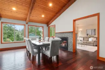 Warm dining room, two way fireplace