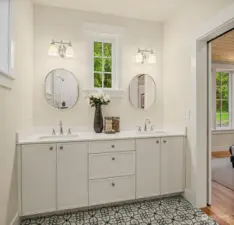 The generous primary bath includes double sinks and is filled with light from the south facing windows.