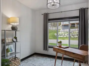 A quiet, dedicated main floor office space with ample natural light and plenty of room.