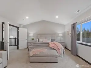 Primary Bedroom with Ensuite. A true sanctuary! This luxurious primary suite features a spacious layout, serene views, and a spa-like ensuite with a soaking tub, dual vanities, and a walk-in shower.
