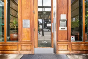 Entry to unit building on First Ave.  Note that Belltown Court has two buildings.  They have a full time concierge that is located in the 2nd Ave building but another separate entrance for condo owners who live in 1st Ave building where this unit is located for added convenience.