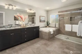 Second level primary bathroom with gorgeous walk-in shower, soaking tub and dual vanity