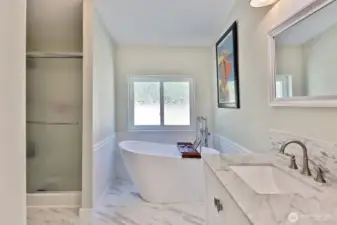 Shower, double sinks, walk-in closet.
