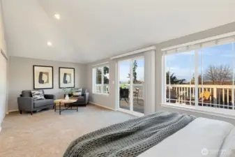 Primary suite is spacious! Plus tons of natural light and access to a big deck with views.