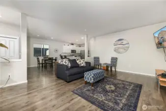 Living room, dining and kitchen open design is great.