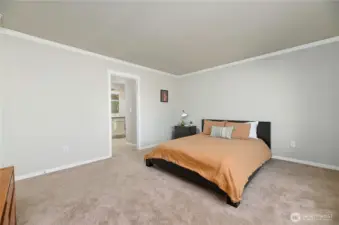 Primary suite with large walk-in closet and 3/4 bath with double sink vanity.