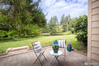 Picturesque pond view on this sunny patio