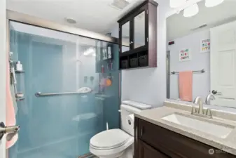 The downstairs 3/4 bath has safety and comfort combined.