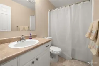 Full bath for guests. Vanity with storage space for linens etc.