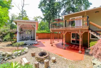 Backyard with Firepit and Work Out Shed