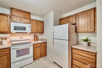 The kitchen is quite large and offers plenty of storage space, including a pantry.