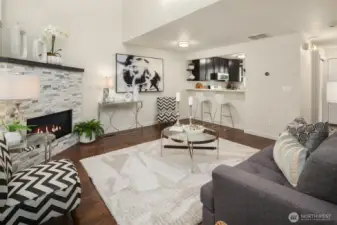 Open family room with vaulted ceilings.