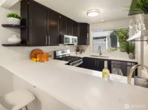 Sleek kitchen with quartz countertops and breakfast bar.