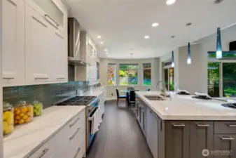 Look at the beautiful Cambria quartz countertops and the color and texture of the backsplash tile!  There is an abundance of storage in this kitchen as well as clever built ins including trash and recycling pull outs, a drawer with dividers for cutting boards and cookie sheets, etc.