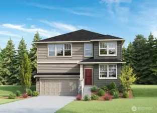 Wellington plan with tall garage for ample storage capabilities.  Rendering and colors are for demonstrational purposes only.