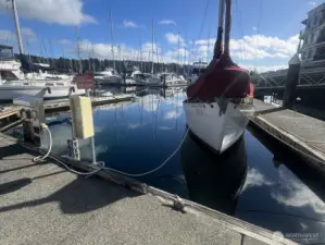 Slip B28 corner moorage at Murphy’s Landing Marina in downtown Gig Harbor — extra dock span provides added flexibility and dinghy space.