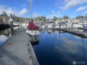 Rear perspective of Slip B28, a 32’ boat slip at Murphy’s Landing Marina in downtown Gig Harbor. Tenant in place; 30-day notice to vacate required.