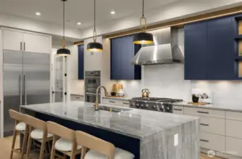 Designer kitchen with full wood custom cabinets and Sensoan acrylic