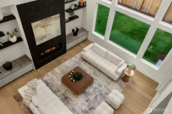 Two story great room with gas fireplace and full wall of windows