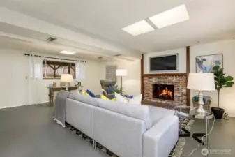 Cozy wood burning fireplace down