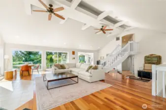 Living room, dining area, vaulted ceilings, spiral staircase