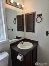 This modern guest bathroom features a sleek countertop, classic vanity, and full wall mirror.