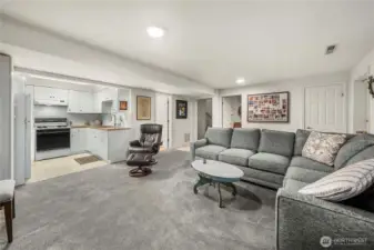 Lower level ADU completed with living room and kitchen, 1 bedroom and a full bath.