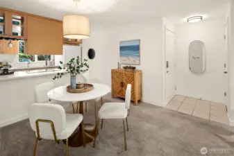 Once you step inside through the front door, you're greeted by the living room to your left and kitchen and dining to your right!