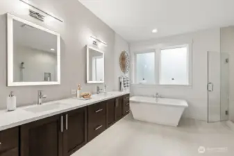 Spa bathroom with soaking tub, heated floors, and floating vanitity.